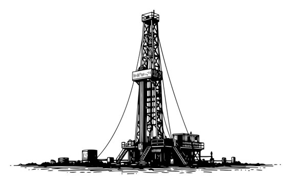 Industrial offshore oil drilling rig platform on the ocean horizon in black and white