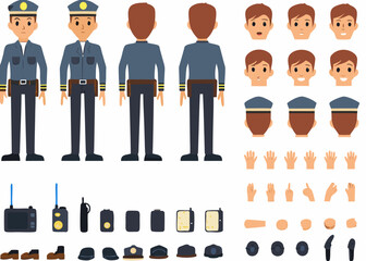 Cartoon police officer character design sheet with various components