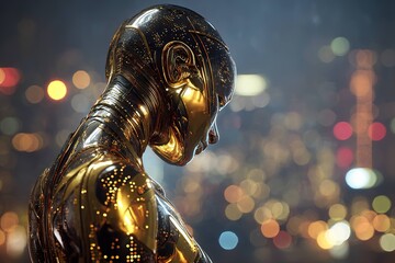 android with gold plated skin reflecting neon city lights
