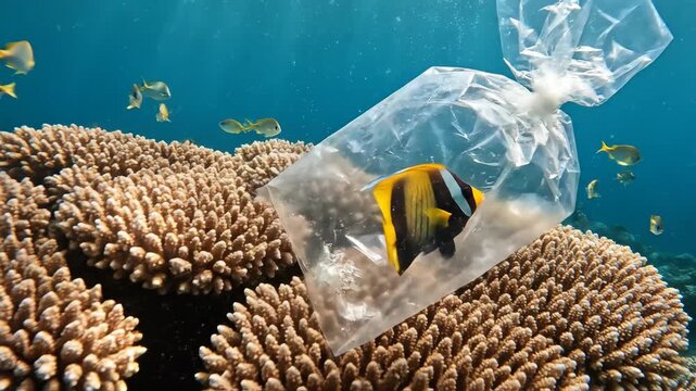 Fish trapped in plastic bag near coral reef underwater