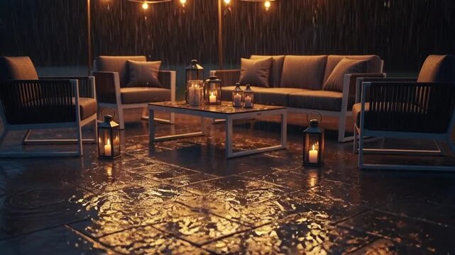 Cozy outdoor patio with modern furniture on rainy night