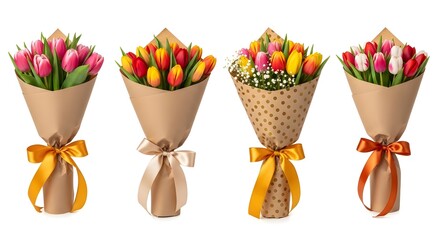 Obraz premium Four beautifully wrapped bouquets of tulips tied with ribbons in different colors