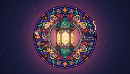 Obraz premium Ramadan Mubarak Islamic lantern, a beautiful stained glass art, cultural celebration, festive, illuminated, decorative, traditional, religious art, cultural motif