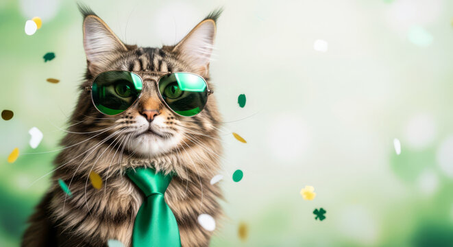 St. Patrick's Day greeting card with cat, green accessories and shamrock confetti.
