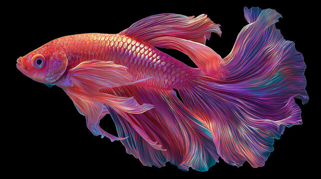 Neon red betta fish in side profile with iridescent scales and flowing purple-blue fins, isolated on a deep black background in a sleek, high-contrast digital art style.
