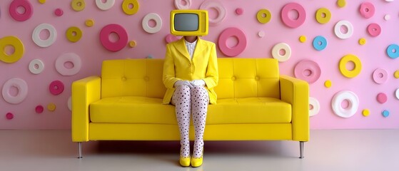Surreal TV-Head Person in Yellow Suit Sitting on Bright Yellow Sofa Against Pastel Pink Pop Art Wall