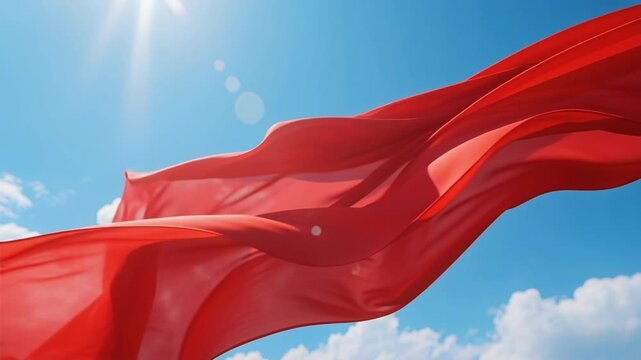 A smooth red satin fabric flag with a 3d silk texture flows and waves against a blue sky background as a curved textile material design