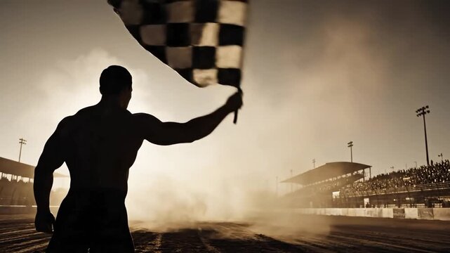 Dramatic silhouette of a race official waving a checkered flag amidst swirling dust and cheering crowds at a thrilling motorsports event