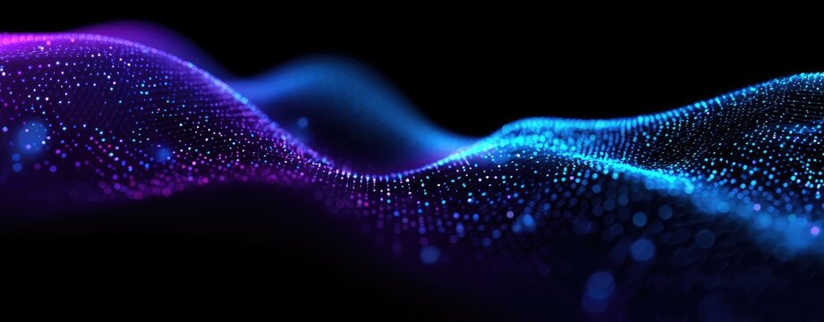 Abstract blue and purple particle landscape with glowing digital dots on dark background, idea for AI data visualization, cloud computing concepts and futuristic technology design