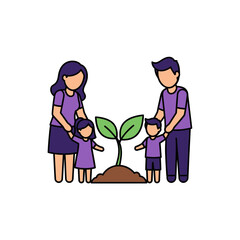 Family of four planting a tree together happily outdoors.