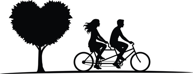 Obraz premium “Silhouette of couple riding tandem bicycle beside heart shaped tree symbolizing love, companionship, romance, shared journey, and emotional connection”