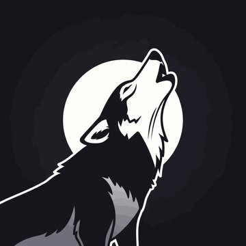 Black and white illustration of a wolf howling at the moon.