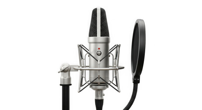 Professional studio condenser microphone with pop filter and stand  audio recording equipment transparent background