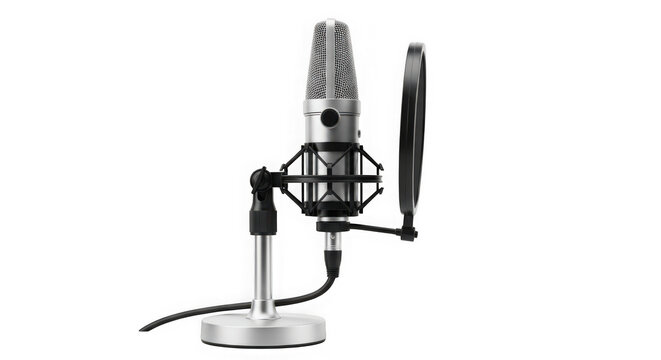 Professional studio condenser microphone with pop filter on stand isolated on transparent background transparent background