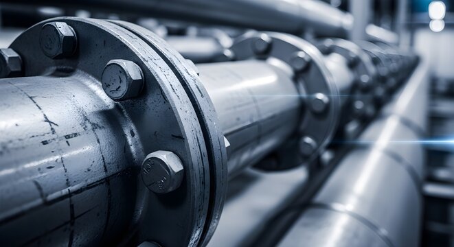 A detailed close-up shot of industrial metal pipelines, showcasing robust bolted flanges and essential connection points within a modern engineering infrastructure