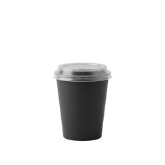Black disposable coffee cup with clear plastic lid
