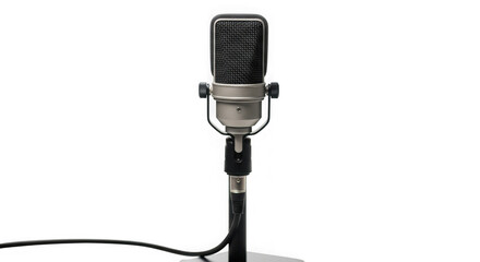 Fototapeta premium Professional studio microphone on a stand with cable attached for recording purposes transparent background