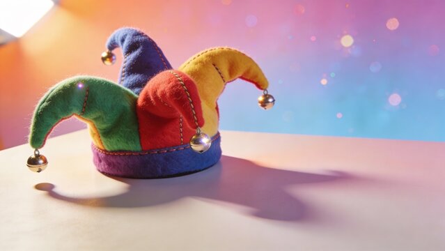 Bright jester hat sits neatly on a clean tabletop ready for April Fools Day celebration with colorful hues and playful design capturing the spirit of fun