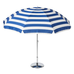 Blue and white striped beach umbrella on stand