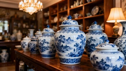 Collection of antique blue and white porcelain ginger jars displayed elegantly on a rich wooden antique furniture surface