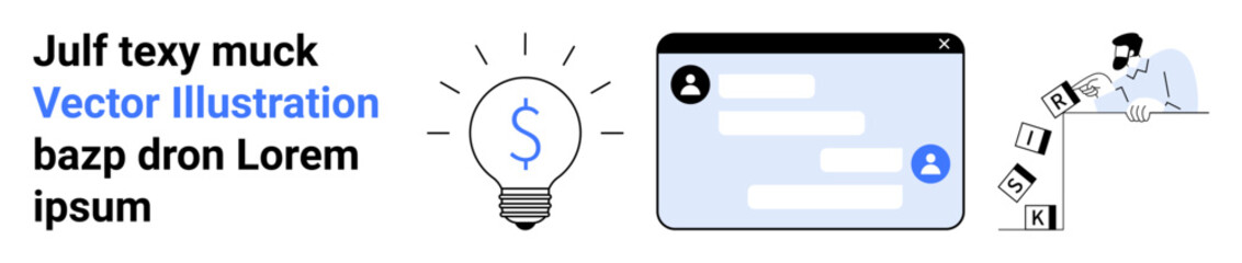 Fototapeta premium Finance, risk management, technology, communication, innovation, strategy. Lightbulb symbol with dollar sign, chat interface person arranging risk blocks. Finance and risk management concepts