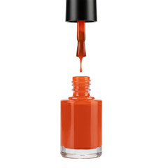 Orange nail polish bottle with brush and dripping polish