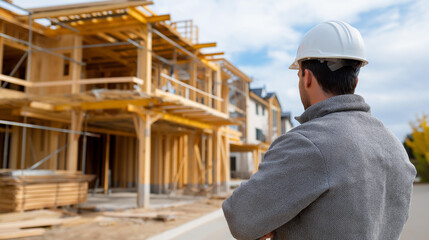Fototapeta premium Faceless builder working on wood framing in construction site, timber structural installation, residential building framework, carpentry construction activity, with copy space