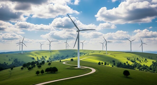 wind turbines on green hills with blue sky and clouds