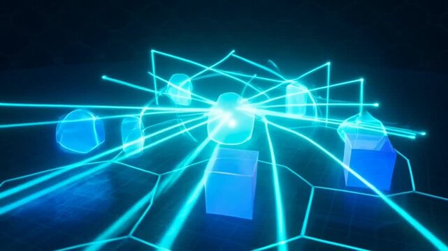 Glowing blue and purple geometric shapes on hexagonal grid background