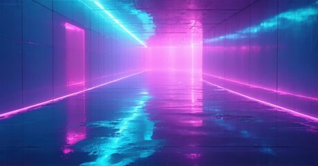 Fototapeta premium Neon lights illuminate long corridor. Reflective surfaces create infinite perspective. Futuristic, vibrant, immersive space.