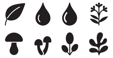 Environmental icons set with water droplets forest mushrooms and various leaf shapes in flat silhouette