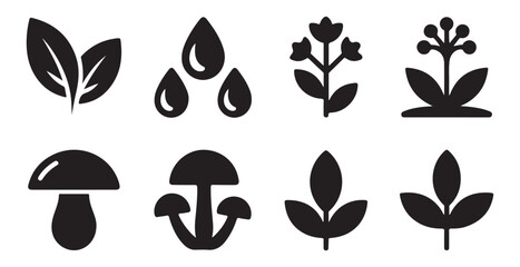 Botanical silhouettes featuring wild mushrooms foliage and floral stems for eco friendly brand design