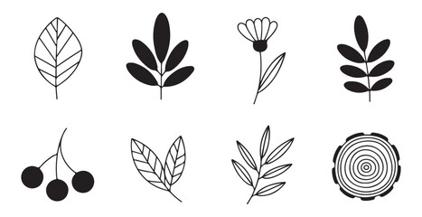 Minimalist nature set including simple leaves, flowers, berries, and tree trunk cross-section design