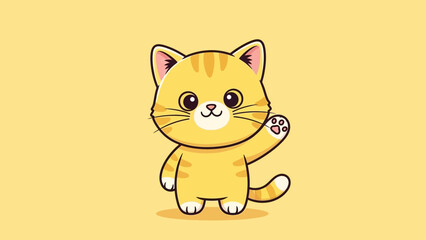 Obraz premium Cute cartoon ginger tabby cat waving hello on yellow background.
