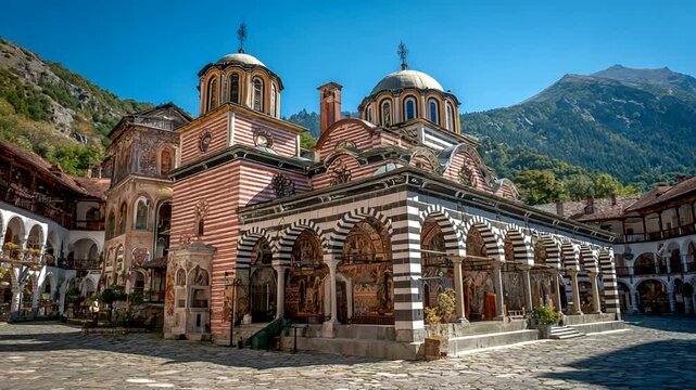 Historic Monastery Courtyard with Mountains.