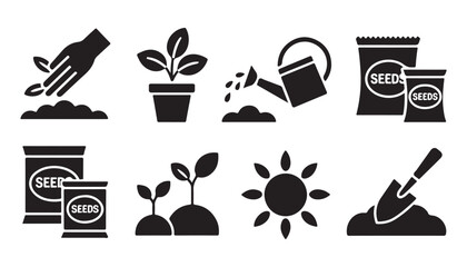 Agricultural icons showing seed packets hands planting watering can growing sprout sun and spade set
