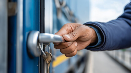 Faceless individual opening door of truck at loading area, cargo vehicle access, transportation logistics activity, freight handling preparation, with copy space
