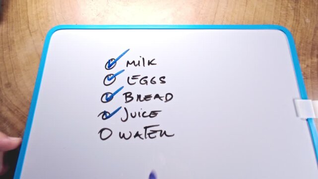 Hand with a blue marker checking off milk, eggs, bread, juice, and crossing out water on a list