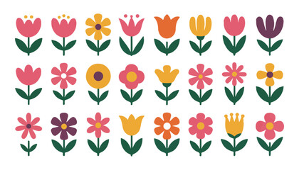 Set of cute spring flowers vector illustration, colorful floral garden decorative elements