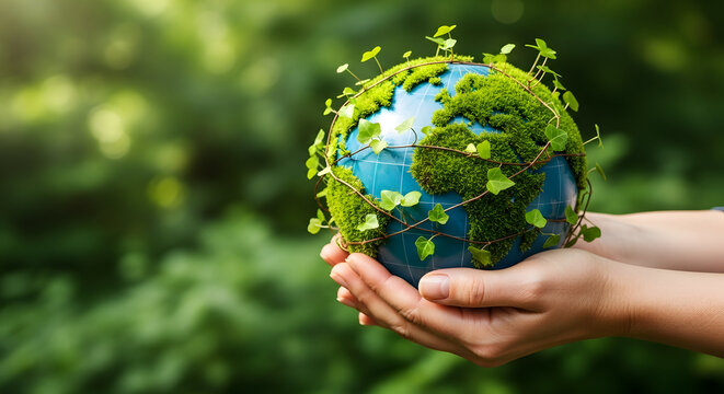 Earth day concept person holding a green globe with lush foliage representing environmental conservation and sustainability on earth day