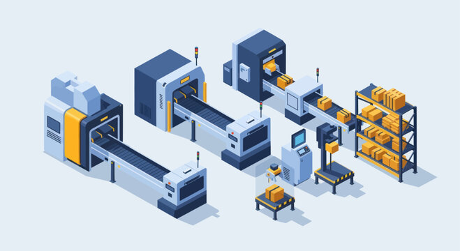 Automated Factory Production Line with Robotic Arms and Conveyor Belts.