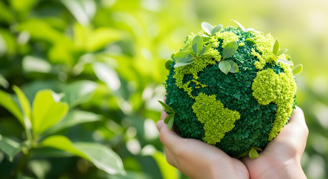 Earth day concept person holding green globe shaped plant symbolizing environmental conservation and sustainability on earth day