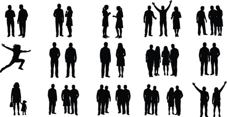 Standing People Silhouettes Collection, Vector Men and Women in Groups, Families and Business Professionals, Casual and Active Poses, Isolated Illustration