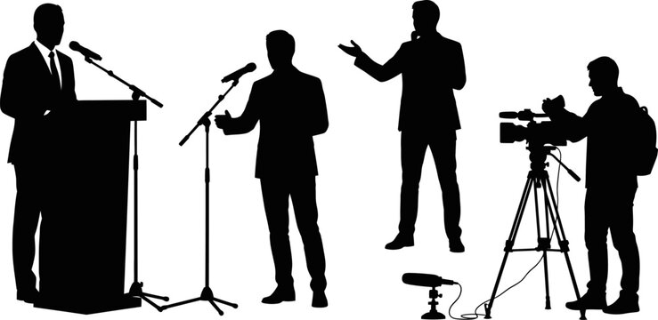Silhouettes of people speaking and recording at a podium with microphones and camera  isolated on transparent background