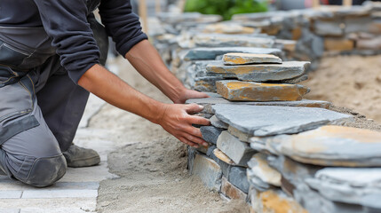 Faceless worker placing stones for outdoor construction, hardscape installation activity, landscaping material placement, exterior building work, with copy space