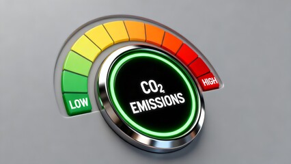 Fototapeta premium Illuminated carbon dioxide emissions gauge indicates current environmental impact levels with low readings highlighted in green
