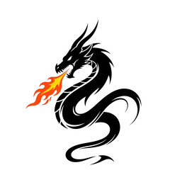 Obraz premium dragon, fire, flame, mythical, fantasy, creature, beast, legend, folklore, monster, serpentine, wyrm, drake, medieval, magic, power, fury, guardian, warrior, emblem, tattoo, symbol, silhouette, illust