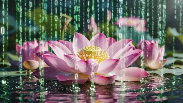 Lotus flowers floating on serene water surrounded by digital binary code streams from above