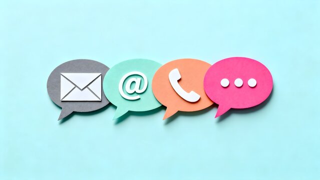 Colorful communication icons featuring email phone chat and more displayed in speech bubbles against a light background