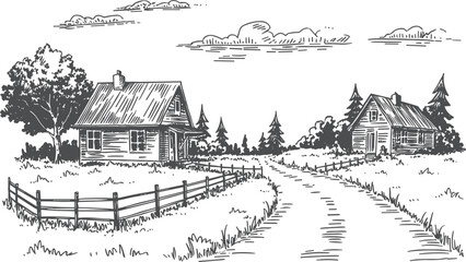 Vintage hand drawn countryside landscape with farm houses, rural road and wooden fence nature illustration © MdMajnur